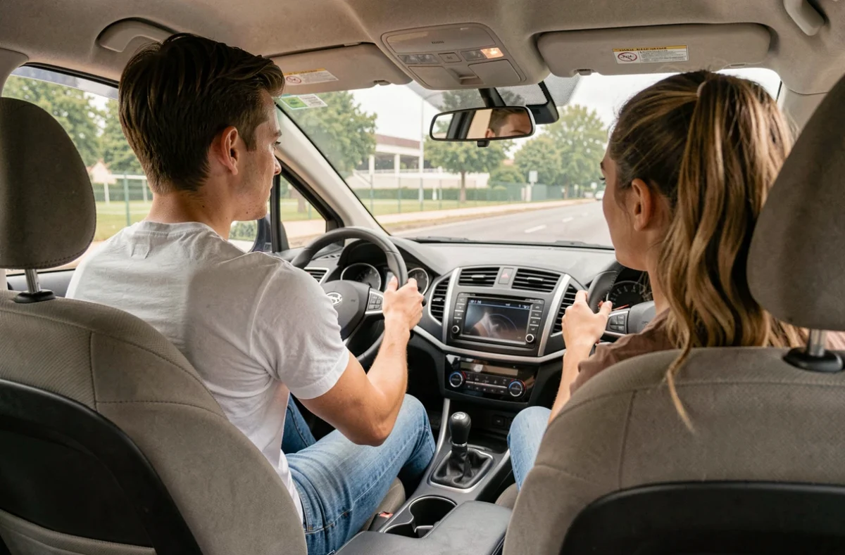 Monitrice expliquant une règle de conduite à un élève dans une voiture à Chennevières-sur-Marne, CER du Stade
