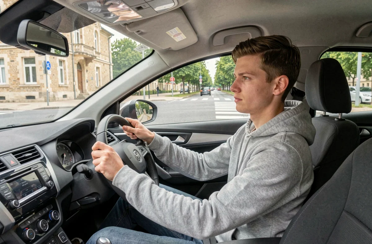 Jeune homme au volant d'une voiture d'auto-école lors d'une leçon de conduite à Vincennes, CER Vincennes