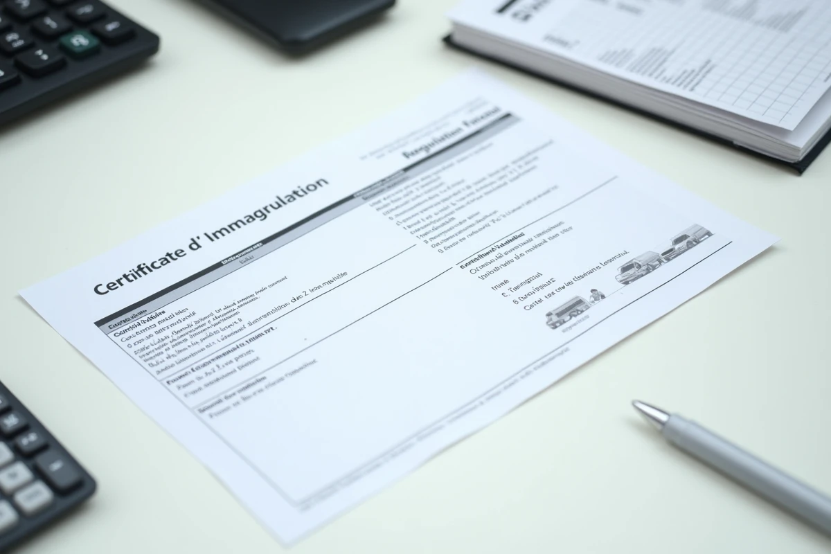 Gros plan sur un certificat d'immatriculation français posé sur un bureau avec tableau comparatif des chevaux fiscaux par région