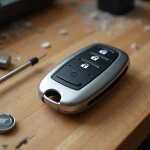 Pile CR2032 et tournevis posés à côté d'une télécommande de clé Renault Clio 4 sur un établi en bois