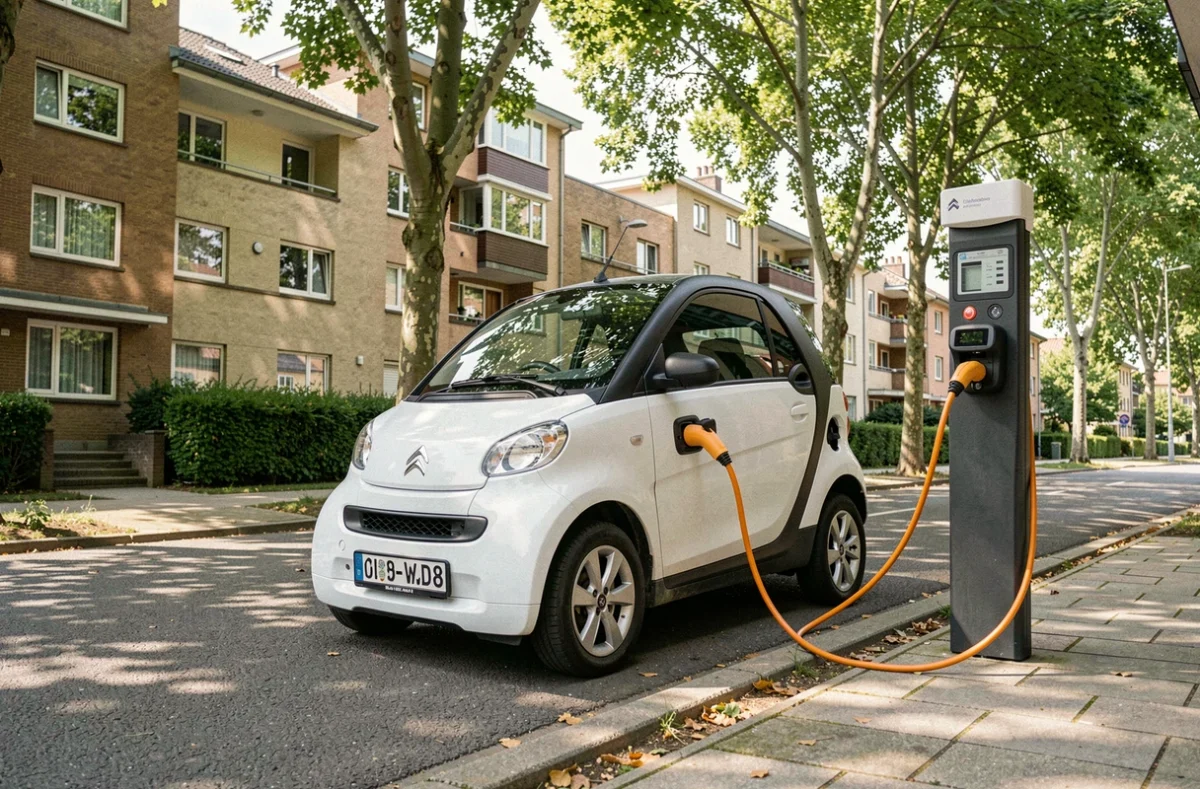 Citroën Ami électrique branchée à une borne de recharge dans une rue résidentielle