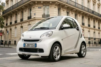 Citroën Ami électrique garée sur un trottoir parisien, vue de trois quarts avant