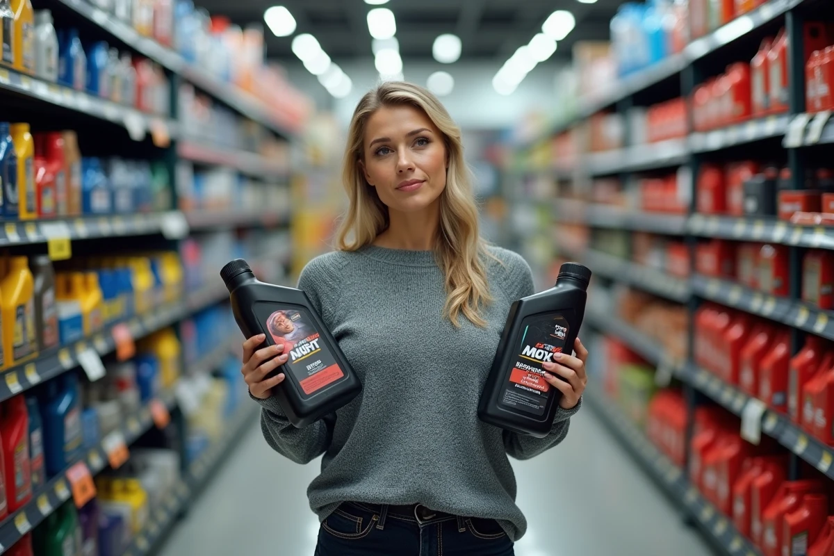 Femme comparant deux bidons d'huile moteur dans un magasin de pièces automobiles pour choisir la bonne viscosité pour une 208 essence