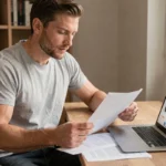 Homme comparant des devis d'assurance moto sur ordinateur portable avec des documents papier sur un bureau en bois