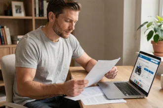 Homme comparant des devis d'assurance moto sur ordinateur portable avec des documents papier sur un bureau en bois
