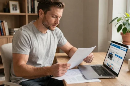 Homme comparant des devis d'assurance moto sur ordinateur portable avec des documents papier sur un bureau en bois
