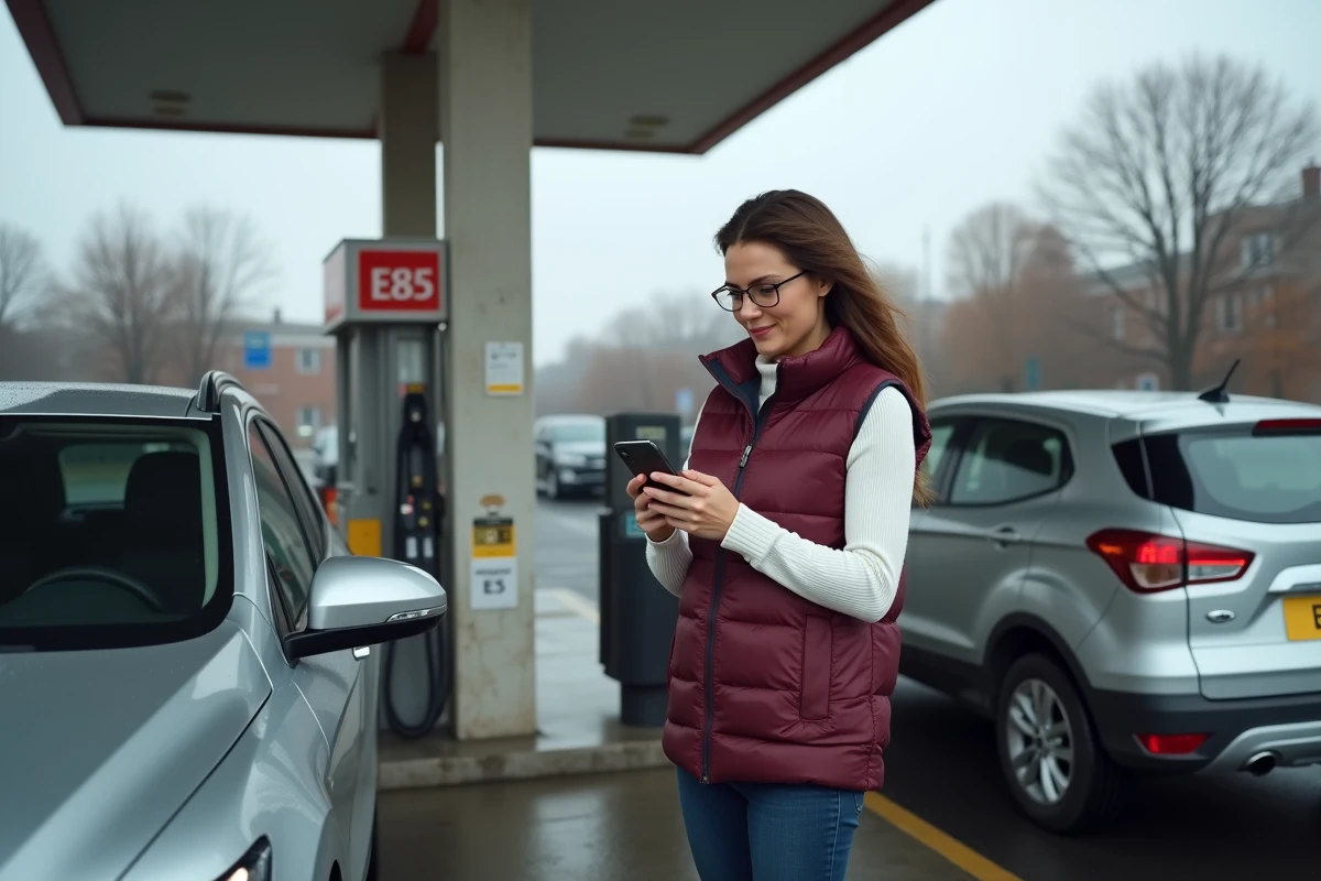 Femme comparant une application GPS téléphone et le GPS intégré du véhicule dans une station éthanol E85