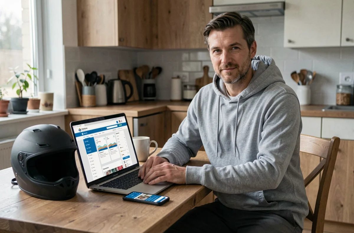 Homme comparant des offres d'assurance moto sur ordinateur portable à la maison avec un casque sur la table