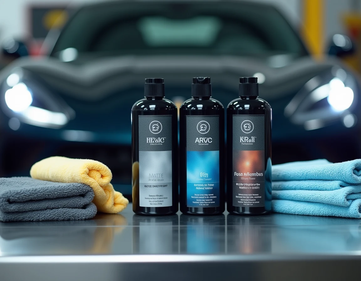 Comparaison de trois types de polish carrosserie mat brillant et nacré avec accessoires de detailing sur établi