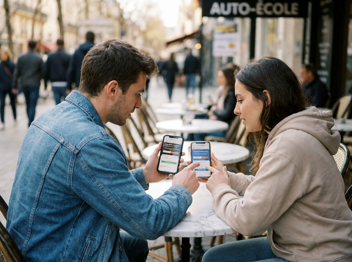 Deux jeunes adultes comparant les prix du permis de conduire sur leurs smartphones en terrasse de café en ville