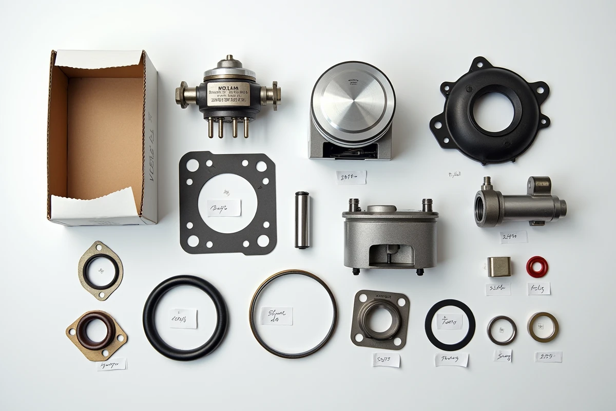 Comparatif de pièces neuves, adaptables et d'occasion pour Suzuki GT 750 posées à plat avec étiquettes