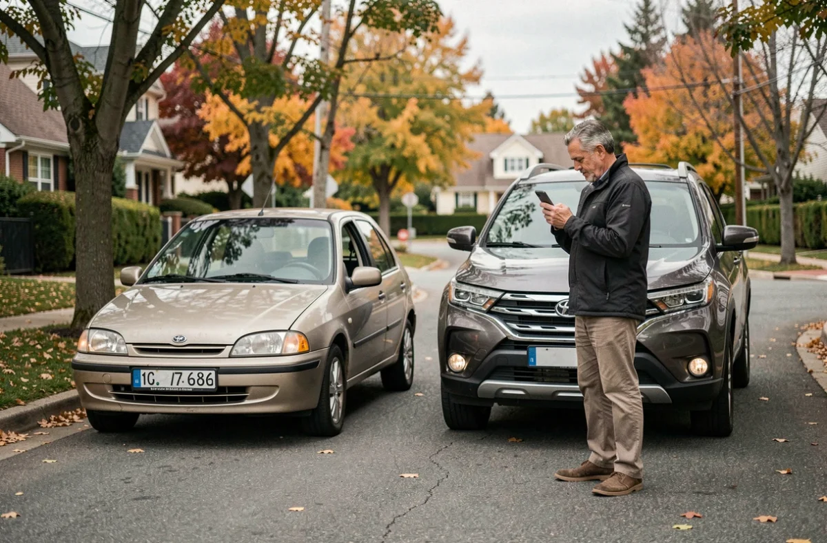 Conducteur photographiant des dégâts après un accrochage entre deux voitures dans une rue résidentielle