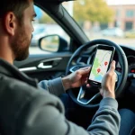 Conducteur consultant une application mobile de localisation de stations E85 éthanol dans son véhicule