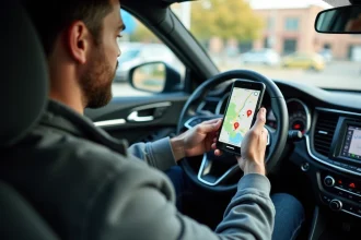 Conducteur consultant une application mobile de localisation de stations E85 éthanol dans son véhicule