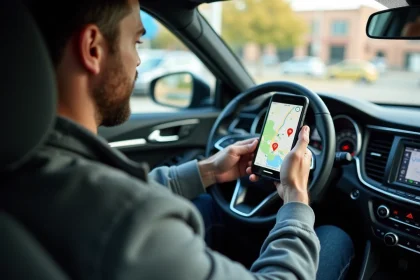 Conducteur consultant une application mobile de localisation de stations E85 éthanol dans son véhicule