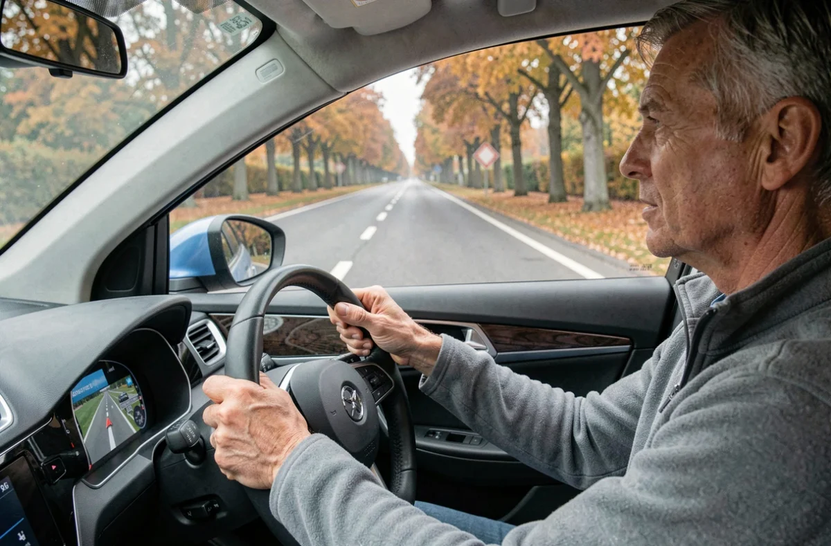 Conducteur concentré vérifiant son rétroviseur avant un dépassement sur route prioritaire
