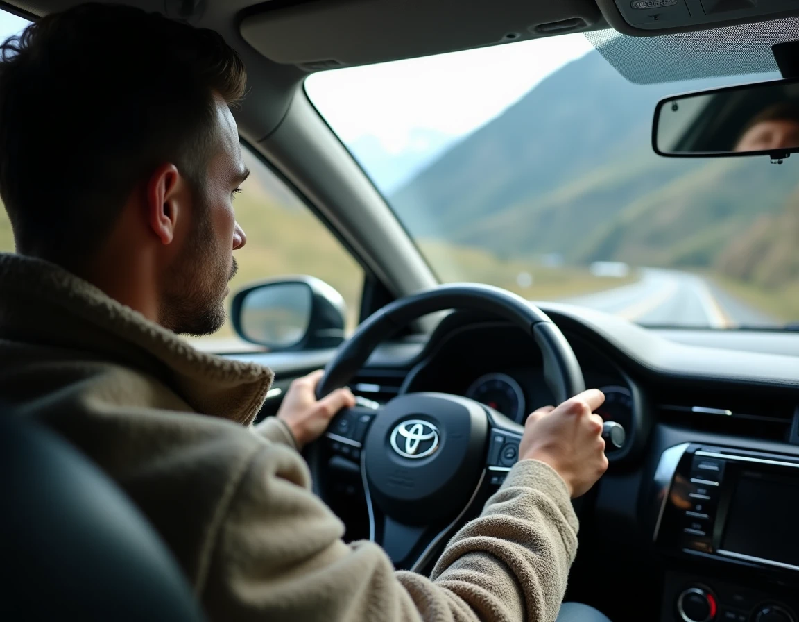 Conducteur au volant d'une Toyota Corolla dans une descente de montagne vue depuis l'habitacle