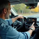 Homme d'âge moyen utilisant l'écran du tableau de bord dans une voiture moderne