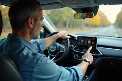 Homme d'âge moyen utilisant l'écran du tableau de bord dans une voiture moderne