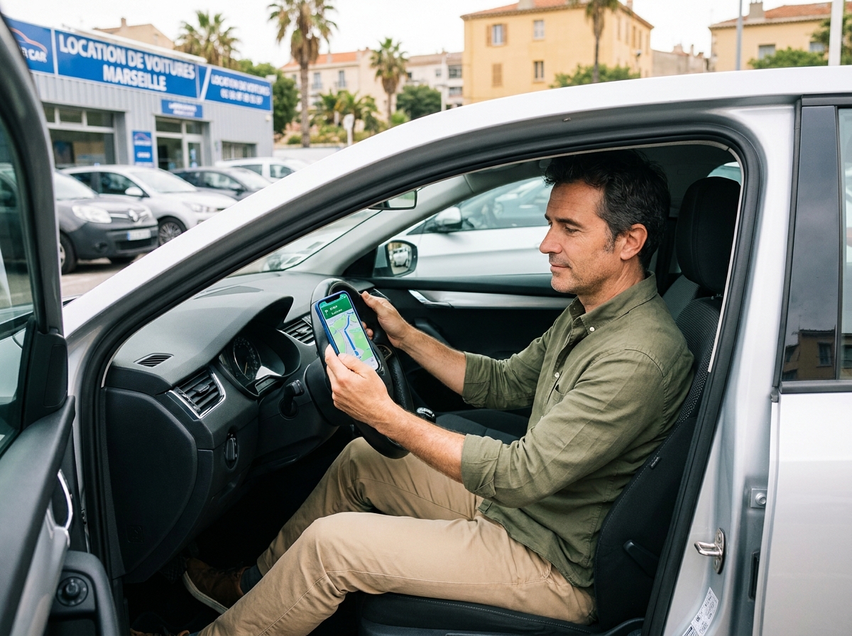 Homme assis au volant d'une voiture de location à Marseille, consultant une application GPS sur smartphone avant de démarrer son trajet
