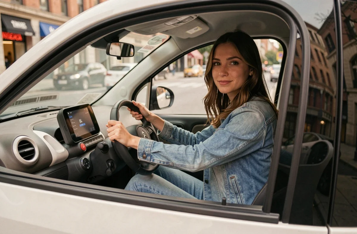 Jeune femme au volant d'une Citroën Ami électrique, intérieur minimaliste visible