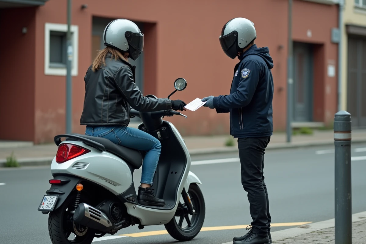 Conductrice de scooter trois roues remettant son permis de conduire lors d'un contrôle routier en ville