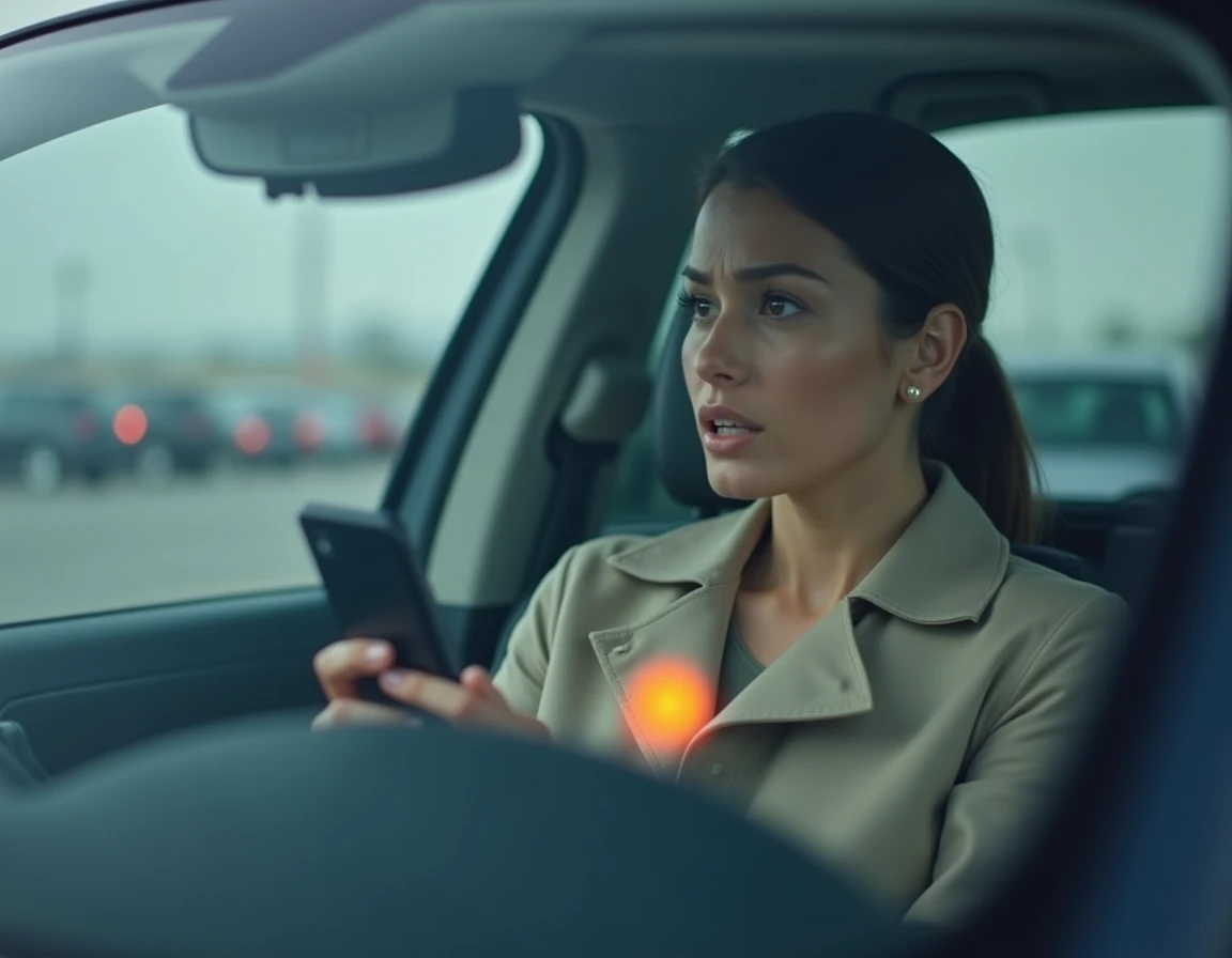 Conductrice inquiète face au voyant orange allumé dans sa Peugeot 3008 après changement de batterie sur un parking