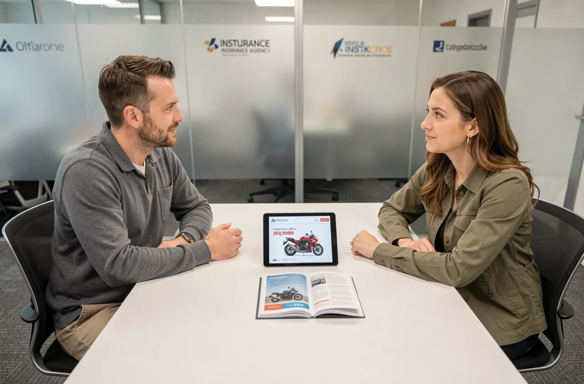 Couple en agence d'assurance consultant un devis moto gratuit avec un conseiller autour d'une tablette