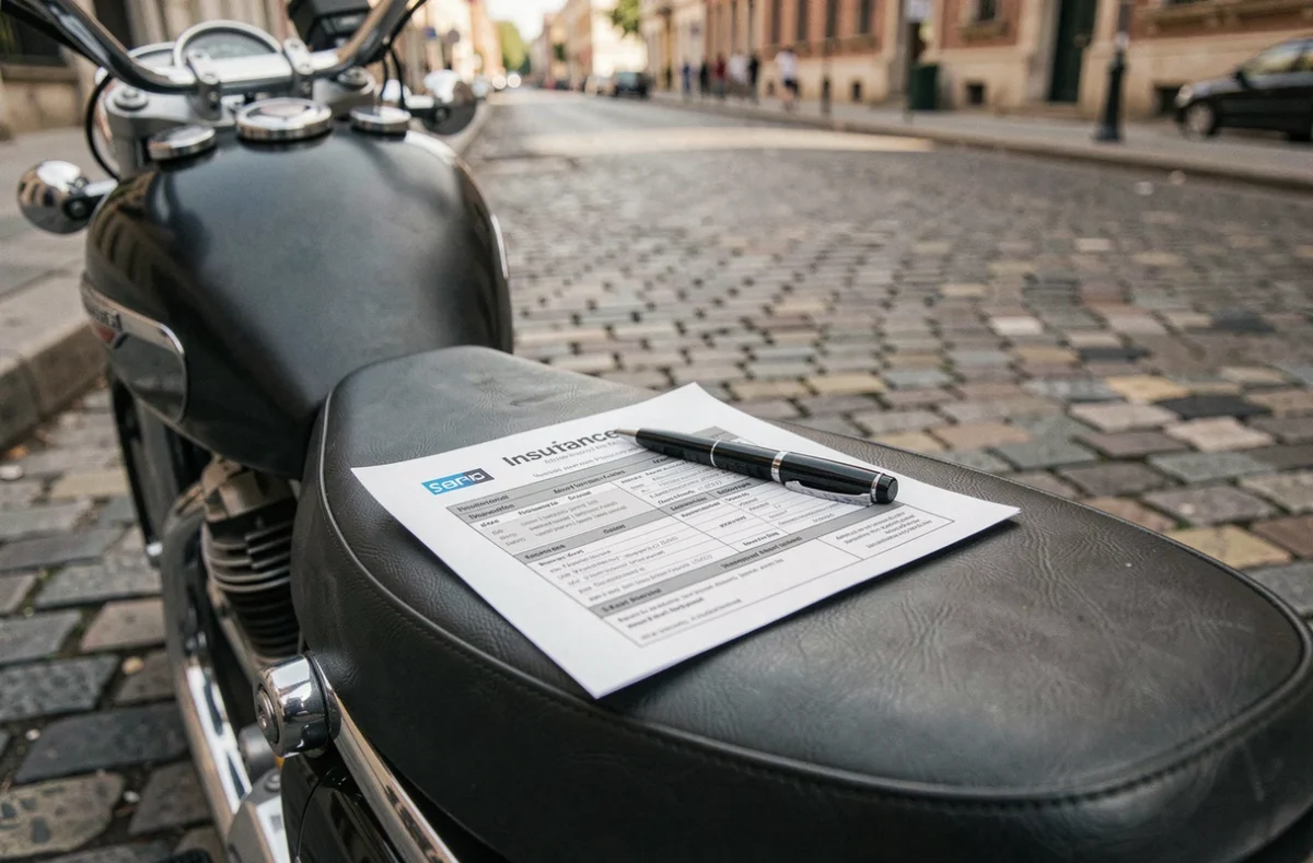 Document de contrat d'assurance moto posé sur la selle d'une moto garée sur des pavés en ville