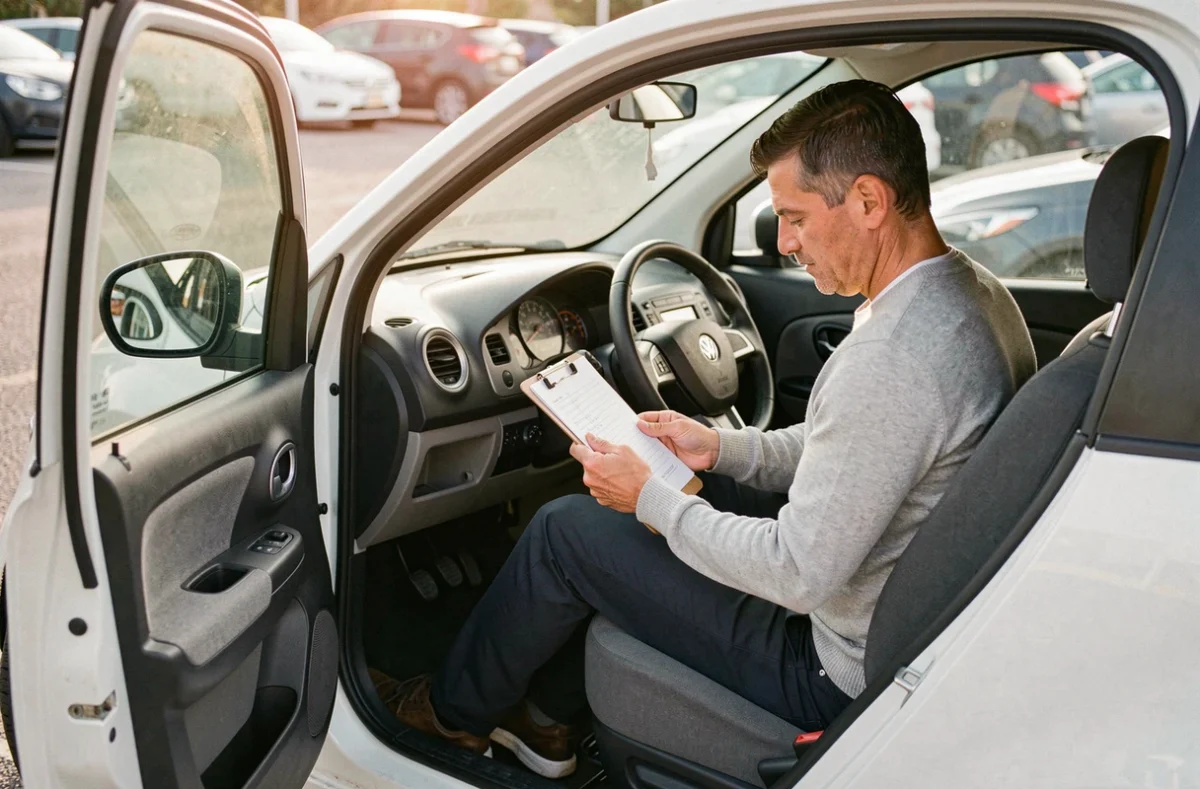 Homme signant un contrat de location de voiture sans permis assis dans le véhicule