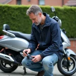 Homme vérifiant le niveau d'huile d'un scooter 125cc