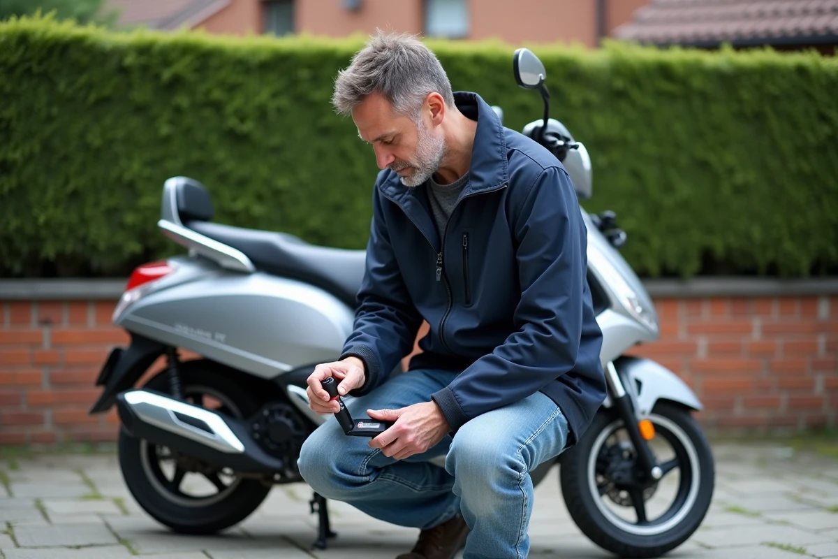 Homme vérifiant le niveau d'huile d'un scooter 125cc