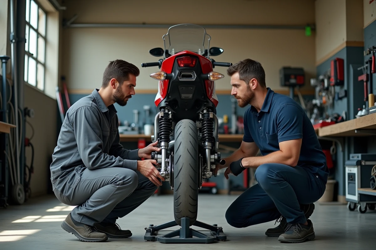 Mécanicien et acheteur inspectant l'état mécanique d'une moto dans un garage à Agde