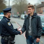 Jeune homme remettant son permis à un policier en extérieur