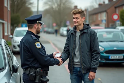 Jeune homme remettant son permis à un policier en extérieur