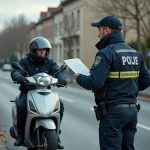 Contrôle de police d'un scooter trois roues sur une route française, gendarme vérifiant les documents du conducteur