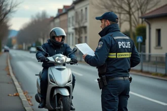 Contrôle de police d'un scooter trois roues sur une route française, gendarme vérifiant les documents du conducteur