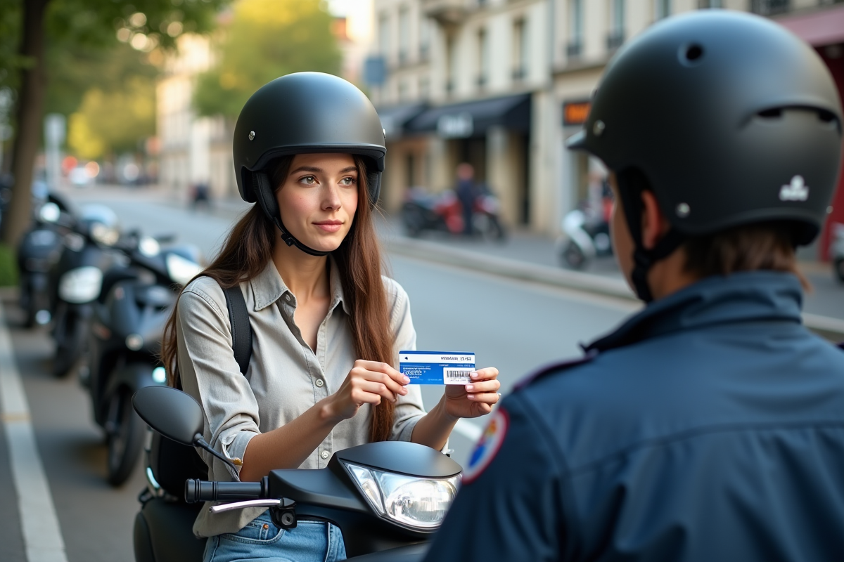 Jeune femme montrant son BSR à un agent lors d