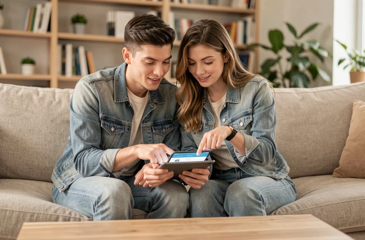 Couple comparant des offres d'assurance voiture pas chère sur une tablette dans leur salon