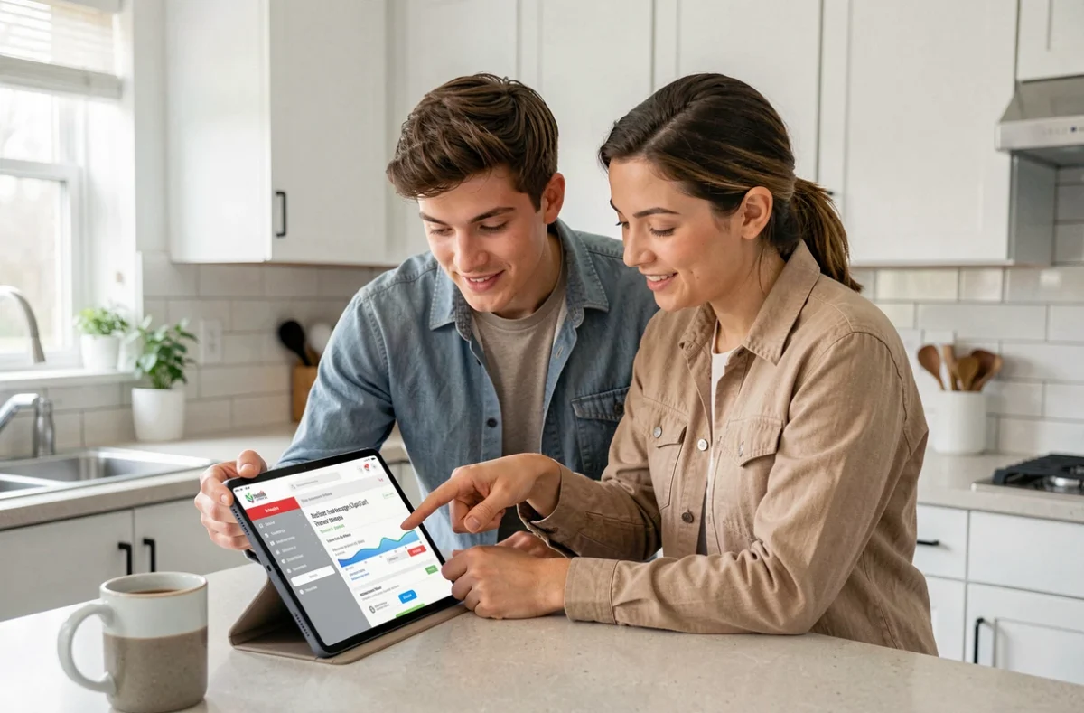 Couple comparant des devis d'assurance auto gratuits en ligne sur une tablette dans leur cuisine