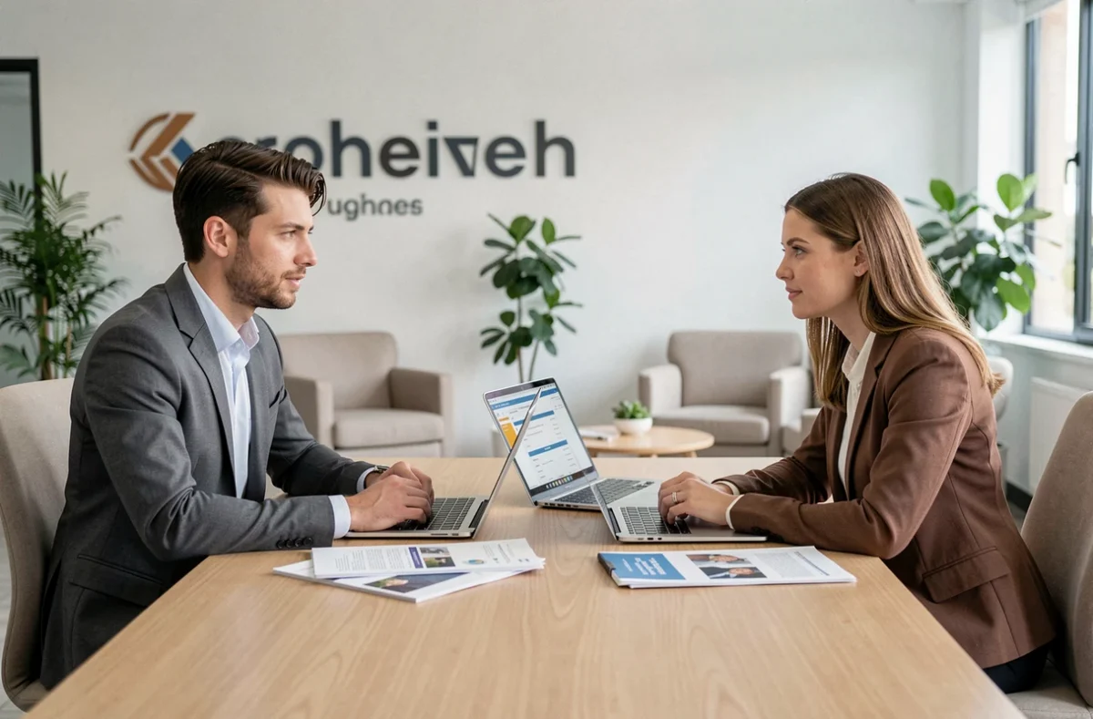 Couple en rendez-vous avec un conseiller dans une agence d'assurance automobile