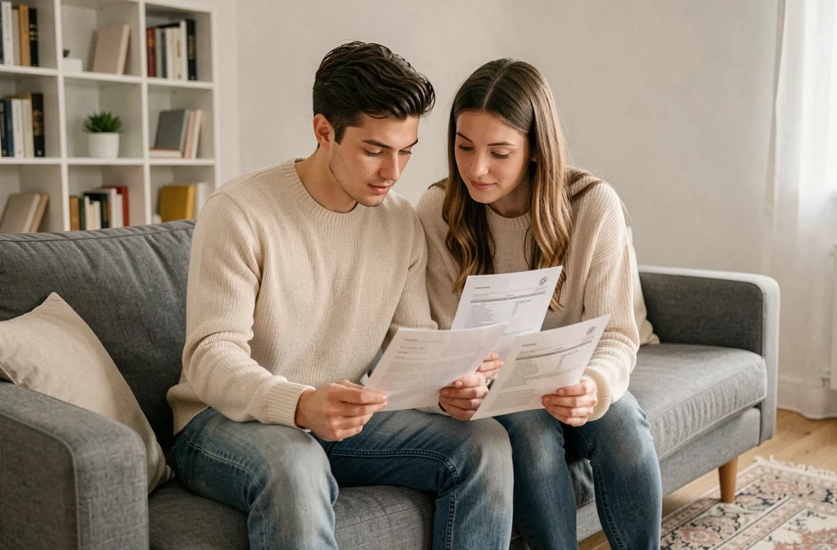 Couple de jeunes adultes examinant un contrat d'assurance auto économique dans leur salon