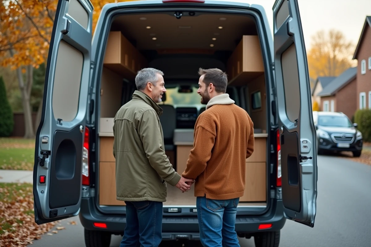 Couple examinant l'intérieur d'un fourgon aménagé d'occasion à l'arrière ouvert dans une rue, évaluation avant achat sous 30000 euros