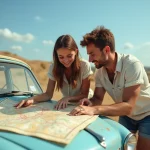 Couple planifiant un road trip estival sur une carte routière posée sur une voiture garée dans une aire d'autoroute en France