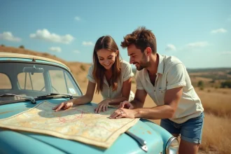 Couple planifiant un road trip estival sur une carte routière posée sur une voiture garée dans une aire d'autoroute en France