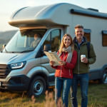 Couple souriant près de leur van électrique en pleine nature