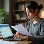 Femme effectuant une demande de carte grise en ligne depuis son bureau à domicile avec des documents administratifs