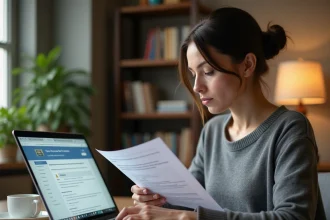 Femme effectuant une demande de carte grise en ligne depuis son bureau à domicile avec des documents administratifs
