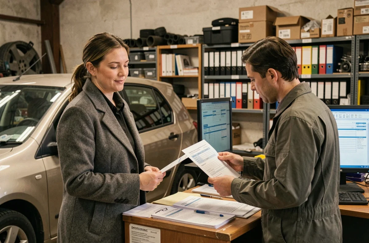 Une femme complète les formalités administratives pour vendre sa voiture en toute sécurité dans une casse auto du Nord-Pas-de-Calais