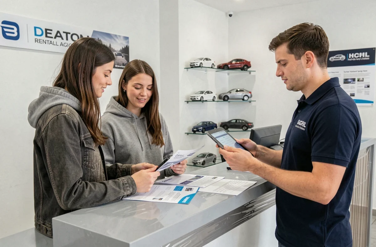 Couple en agence de location discutant du tarif et des démarches pour louer une voiture sans permis